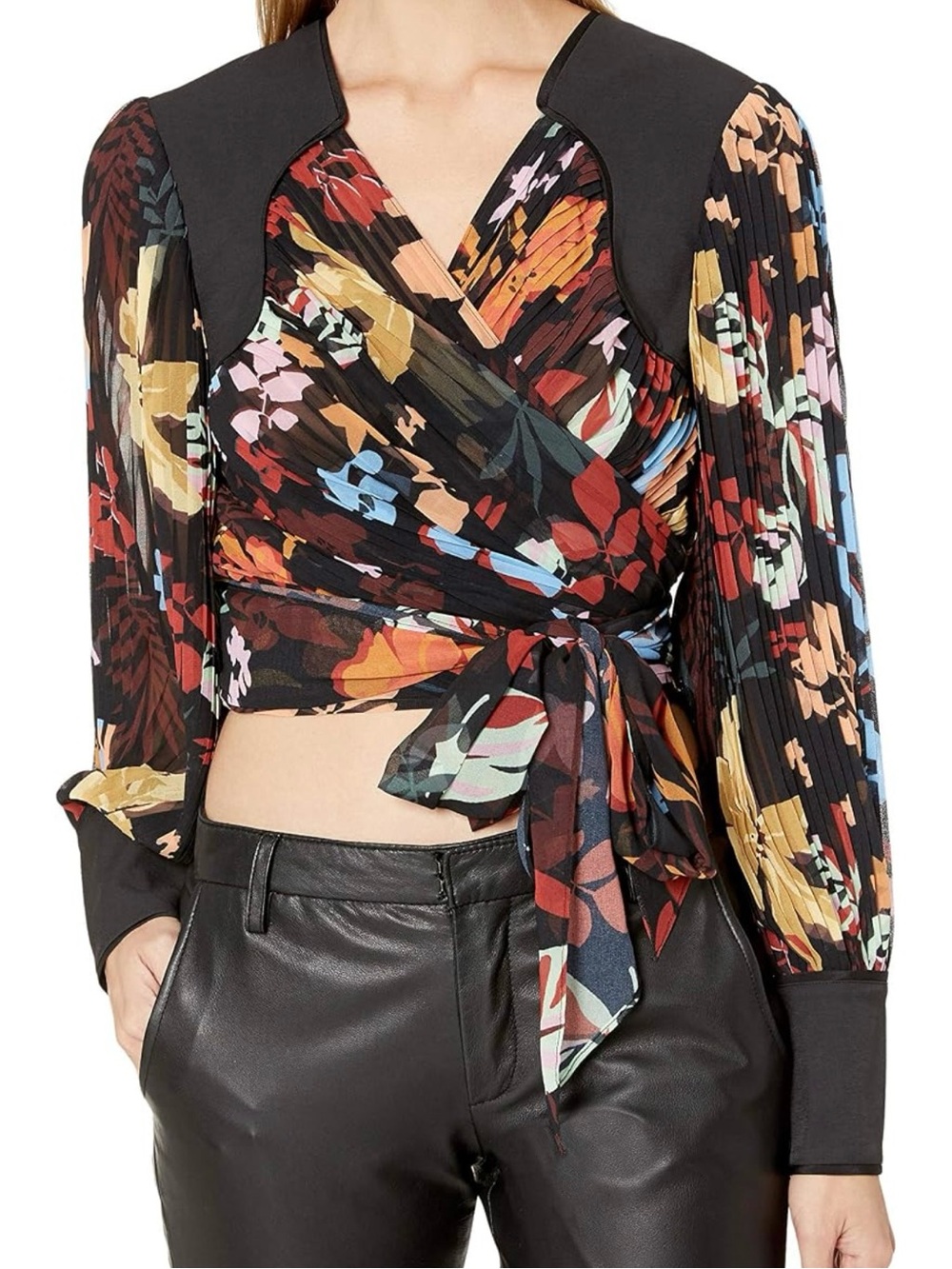 C/MEO Collective Floral Pleated Wrap Tie Crop Top XS Long Sleeve Sheer